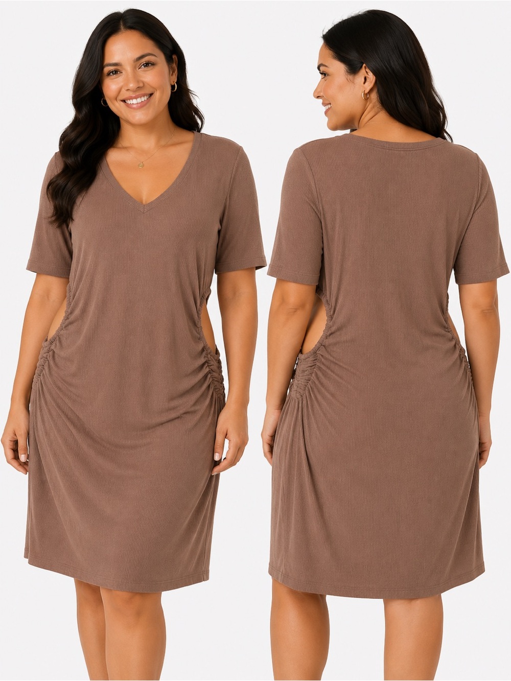 Daily Ritual Womens Brown V-Neck Ruched Side Dress Minimalist Clean Girl Basic